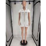 Letter Print Short Sleeve Zipper Romper FOSF-8836