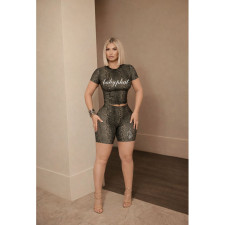 Snake Print Short Sleeve Two Piece Shorts Set FOSF-8851