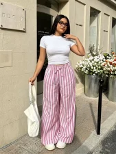 Plus Size Solid Color T Shirt Stripe Pants 2 Piece Set GADE-11411