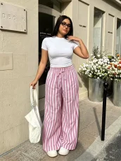 Plus Size Solid Color T Shirt Stripe Pants 2 Piece Set GADE-11411