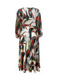 Plus Size Print Long Sleeve Split Maxi Dress GAWE-6500