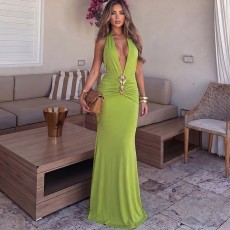 Solid Color Deep V Neck Backless Maxi Dress XEF-K6D05840A