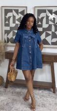 Bow-Tie Denim Short Sleeve Mini Dress GADE-6731