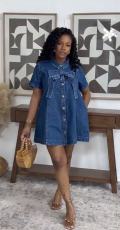 Bow-Tie Denim Short Sleeve Mini Dress GADE-6731