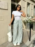 Plus Size Solid Color T Shirt Stripe Pants 2 Piece Set GADE-11411