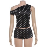 Polka Dots Print Slash Neck Two Piece Shorts Set XEF-K6S06473A