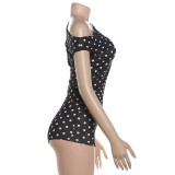 Polka Dots Print Slash Neck Two Piece Shorts Set XEF-K6S06473A