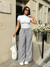 Plus Size Solid Color T Shirt Stripe Pants 2 Piece Set GADE-11411