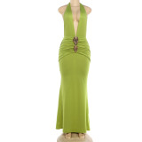 Solid Color Deep V Neck Backless Maxi Dress XEF-K6D05840A