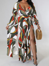 Plus Size Print Long Sleeve Split Maxi Dress GAWE-6500