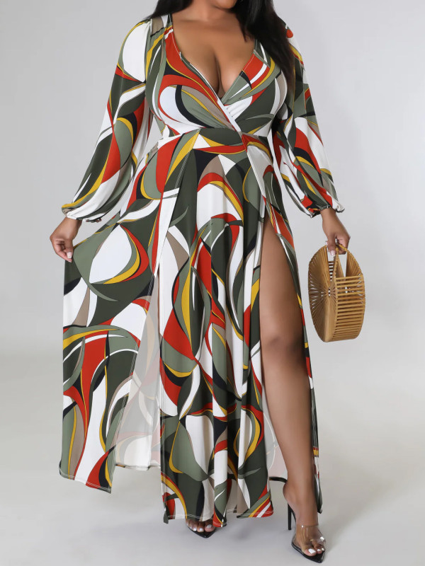 Plus Size Print Long Sleeve Split Maxi Dress GAWE-6500