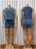 Cherry Embroidery Sleeveless Denim Two Piece Shorts Set GADE-6753