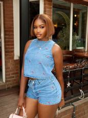 Cherry Embroidery Sleeveless Denim Two Piece Shorts Set GADE-6753