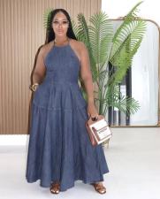 Fashion Denim Off Shoulder Sling Maxi Dress GADE-6755