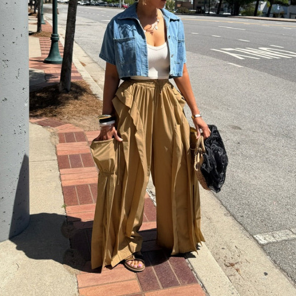 Solid Color Patchwork Wide Leg Pants AIL-350