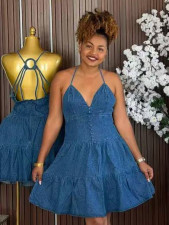 Fashon Sling Deep V Neck Denim MIni Dress GMYU-6769
