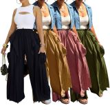 Solid Color Patchwork Wide Leg Pants AIL-350