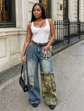 Plus Size Camouflage Print Patchwork Holes Jeans GYLN-0513