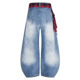 Plus Size Plaid Print Washed Straight Jeans GYLN-0738