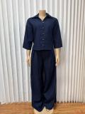 3/4 Sleeveless Shirt Wide Leg Pants Denim Suit GMYU-6715