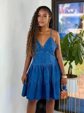 Fashon Sling Deep V Neck Denim MIni Dress GMYU-6769