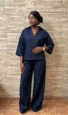 3/4 Sleeveless Shirt Wide Leg Pants Denim Suit GMYU-6715