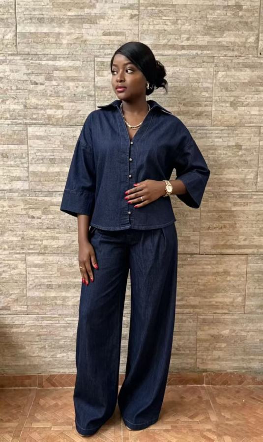 3/4 Sleeveless Shirt Wide Leg Pants Denim Suit GMYU-6715