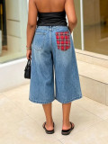 Plus Size Plaid Patchwork Washed Seventh Jeans GYLN-0820