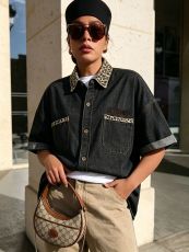 Plus Size Leopard Patchwork Washed Denim Shirt GYLN-3024