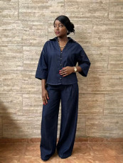 3/4 Sleeveless Shirt Wide Leg Pants Denim Suit GMYU-6715