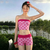 Heart Print Wrap Chest Top Two Piece Short Set GPKJ-MR48589