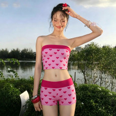 Heart Print Wrap Chest Top Two Piece Short Set GPKJ-MR48589