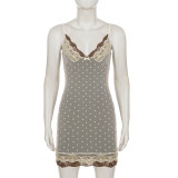 Polka Dots Print Lace Edge Sling Mini Dress GPKJ-MR49225