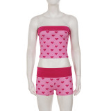 Heart Print Wrap Chest Top Two Piece Short Set GPKJ-MR48589