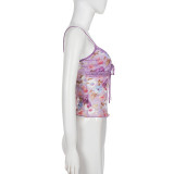 Lace Patchwork V Neck Print Sling Top GPKJ-MR49008