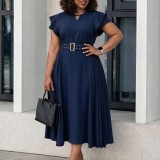 Plus Size Ruffles Short Sleeve Solid Midi Dress GATE-629