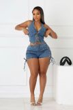Fashion Denim Sleeveless Two Piece Shorts Set NYF-8210