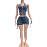 Fashion Denim Sleeveless Two Piece Shorts Set NYF-8210