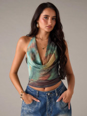 Halterneck Tie Up Mesh Tank Top SHD-9985