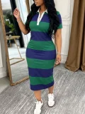 Stripe Color Block Short Sleeve Midi Dress HNIF-JP024
