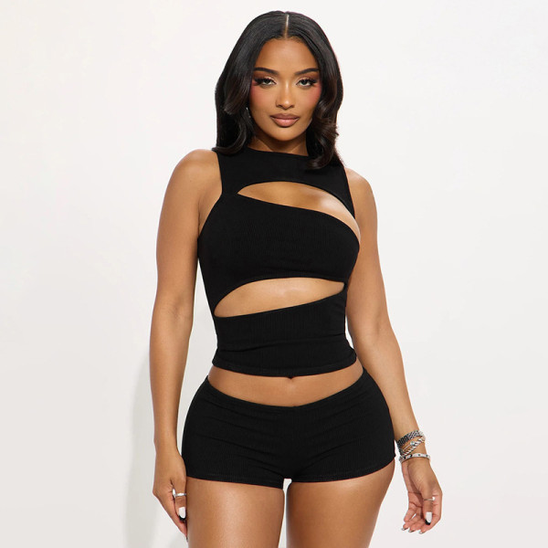 Solid Color Hollow Out Two Piece Shorts Set SHD-8105