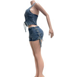 Fashion Denim Sleeveless Two Piece Shorts Set NYF-8210