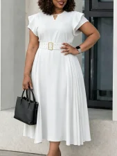 Plus Size Ruffles Short Sleeve Solid Midi Dress GATE-629