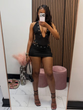 Deep V Neck Hollow Out Bodysuit Two Piece Skirts Set GTGE-MH1011