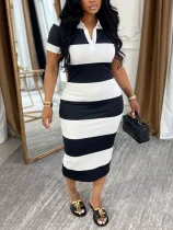 Stripe Color Block Short Sleeve Midi Dress HNIF-JP024