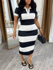 Stripe Color Block Short Sleeve Midi Dress HNIF-JP024