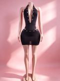 Deep V Neck Hollow Out Bodysuit Two Piece Skirts Set GTGE-MH1011