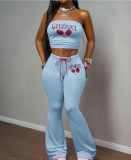 Cherry Print Wrap Chest Top Pants 2 Piece Set XMCS-CS060943