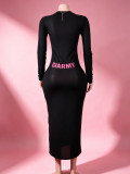Letter Print Mesh Long Sleeve Long Dress GTGE-MH1018