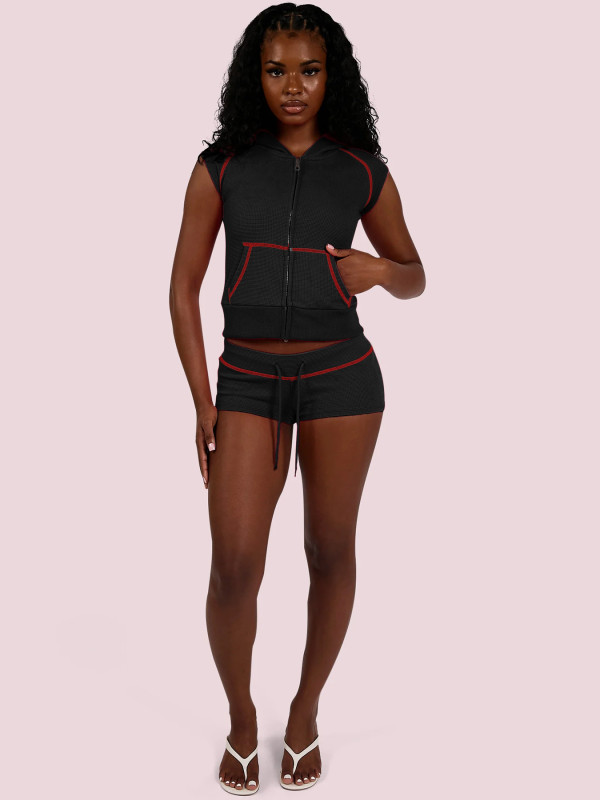Short Sleeve Hooded Top Two Piece Shorts Set CH-26021